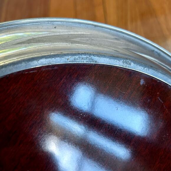 Vintage 1940s American Pewter & Faux Wood Formica Round Cocktail Bar Tray Deco - Picture 9 of 11